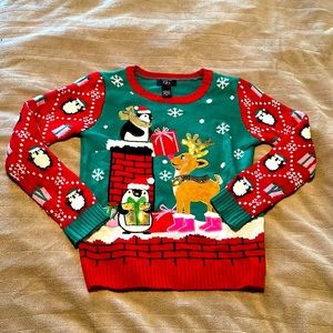 Christmas Sweater Penguin Reindeer Sparkle Girls XL